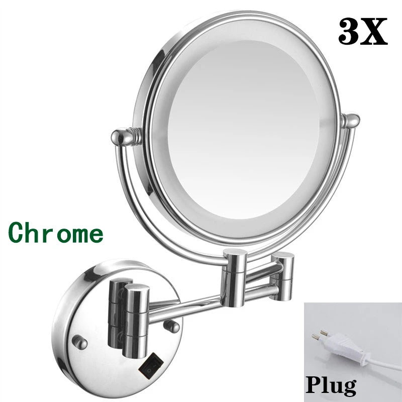 Brushed Gold LED Makeup Mirror with Brass Folding Bathroom Mirrors of 8 Inch 3X 5X Maynifying Makeup Mirror Dual Face LED Mirror
