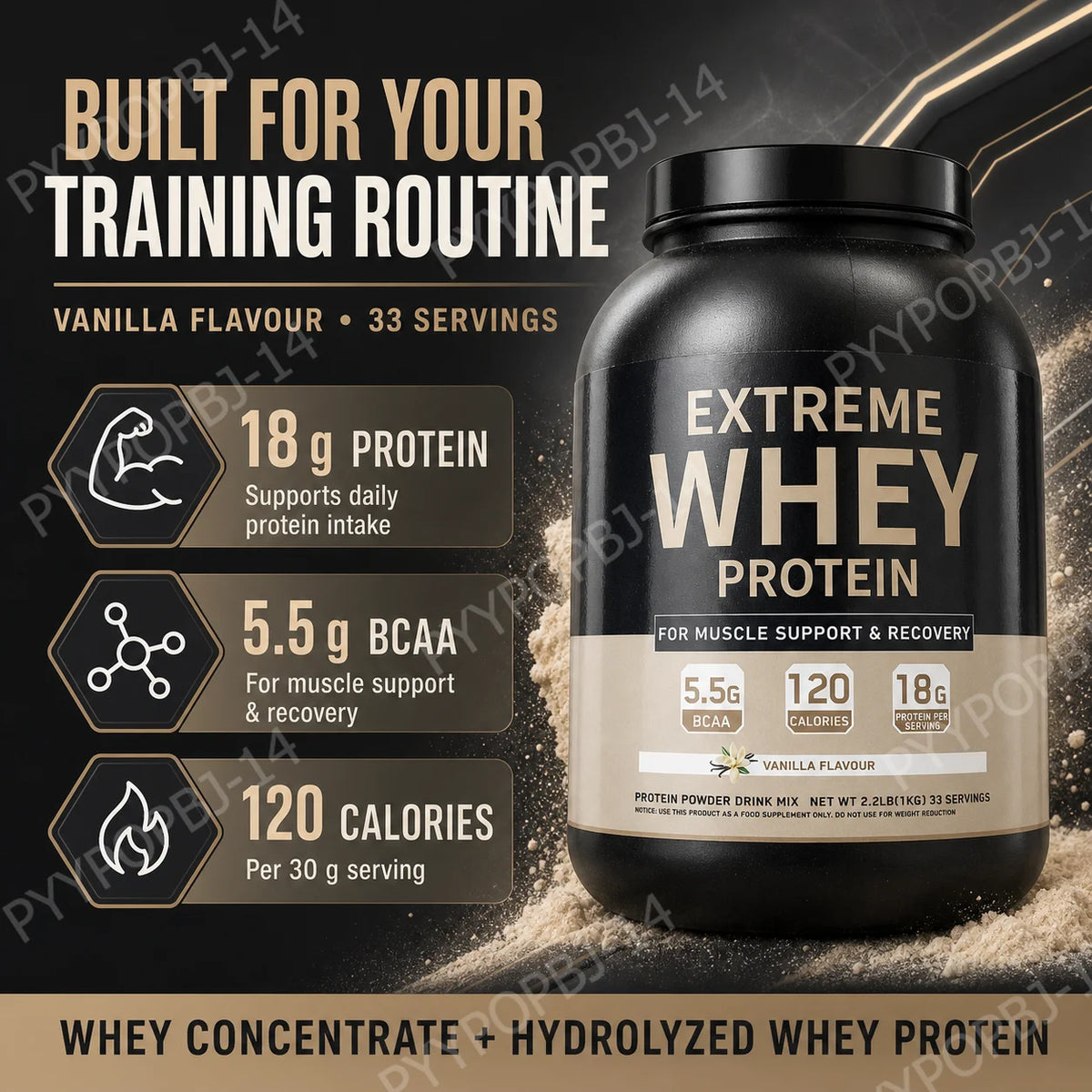 Whey Protein Powder 18g Protein 5.5g BCAA, Vanilla Flavor for Muscle Support Recovery and Daily Sports Nutrition 33 Servings 1kg