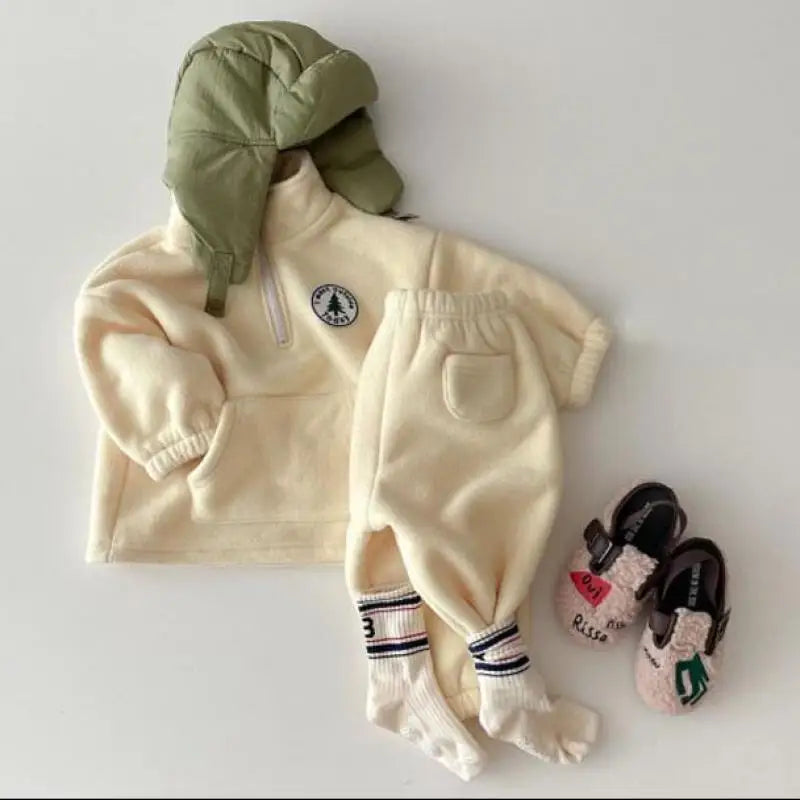 2025 Autumn Baby Boys Clothing Sets Children Thicken Plush Clothes Girls Solid Cotton High Collar Tops+ Pant 2 Pieces Suits