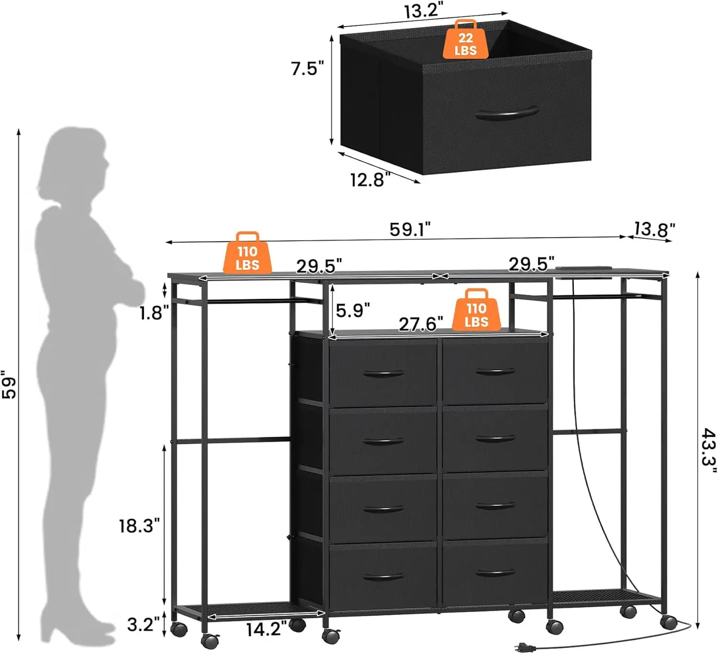 59.1" W Dresser for Bedroom with Hanging Rack, 8 Drawer Dresser with LED Lights & Charging Station, Fabric Dressers