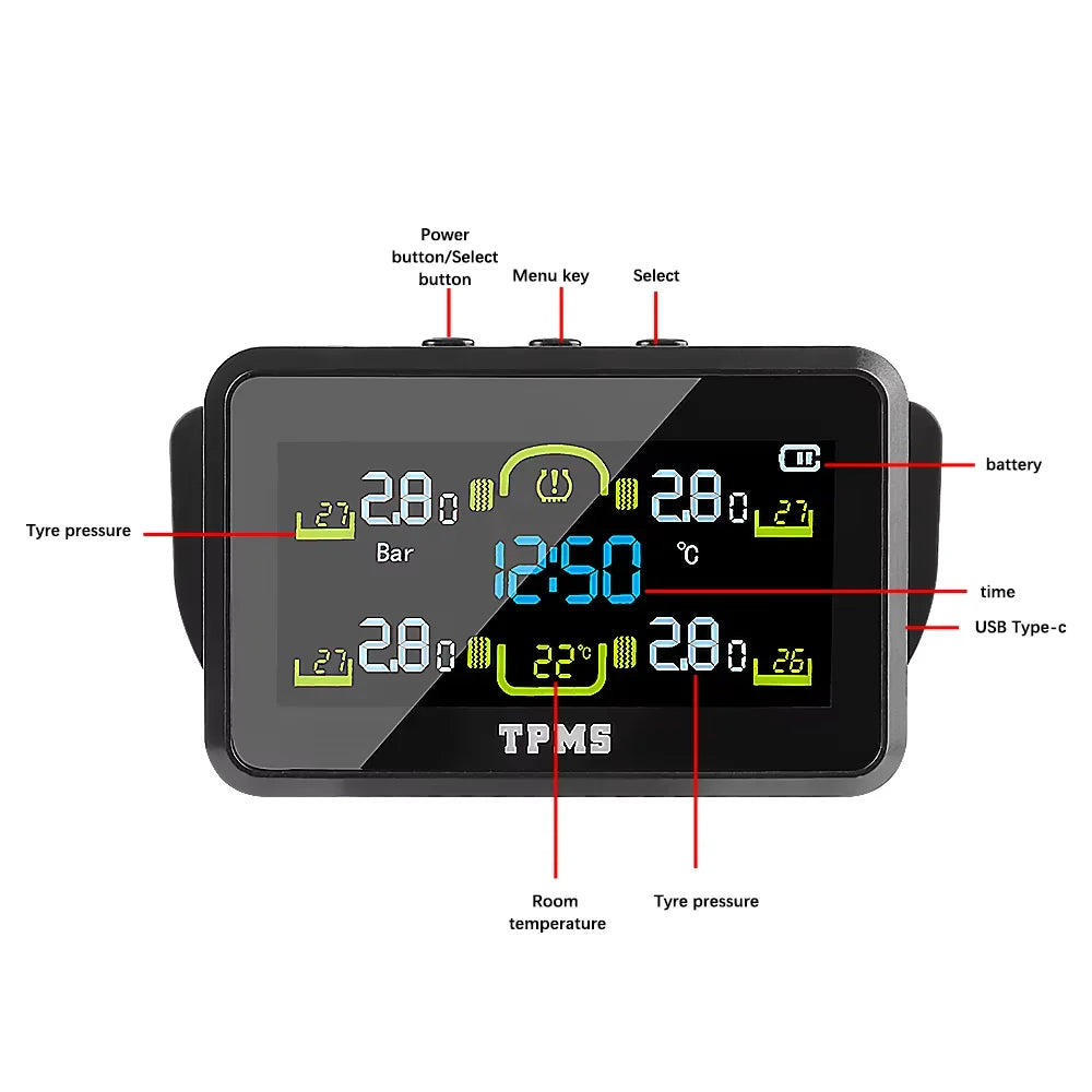 Car Tire Pressure Monitoring System Solar TPMS Sensors Security Alarm LCD Display Tyre Pressure Monitor Temperature Warning