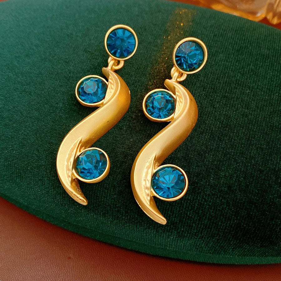 1/2 Pcs Unique Round Wave Long Earrings Blue Rhinestone Adjustable Chain Necklace Bohemian Women Fashion Jewelry Set Vacation N