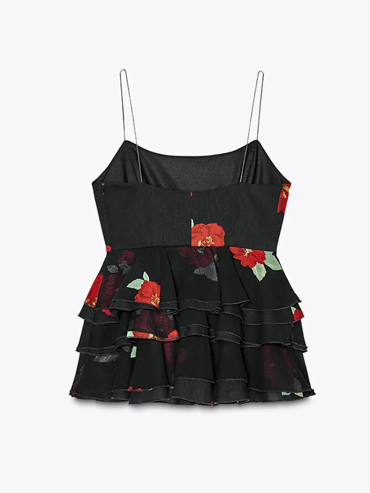 Summer 2-piece Suit Print Flower Mesh Slit Hip-covering Skirt Halter Top Suit Women's Fashion Causal Woman 2 Piece Set Outfit