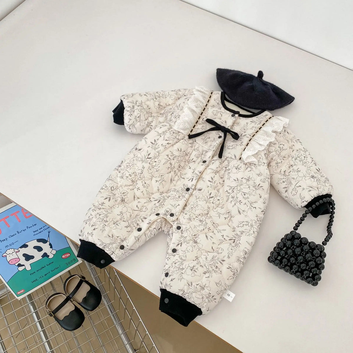 2025 Winter New Baby Warm Romper Newborn Toddler Clothes Plus Velvet Thick Infant Girl Flower Print Bow Padded Jumpsuit 0-24M