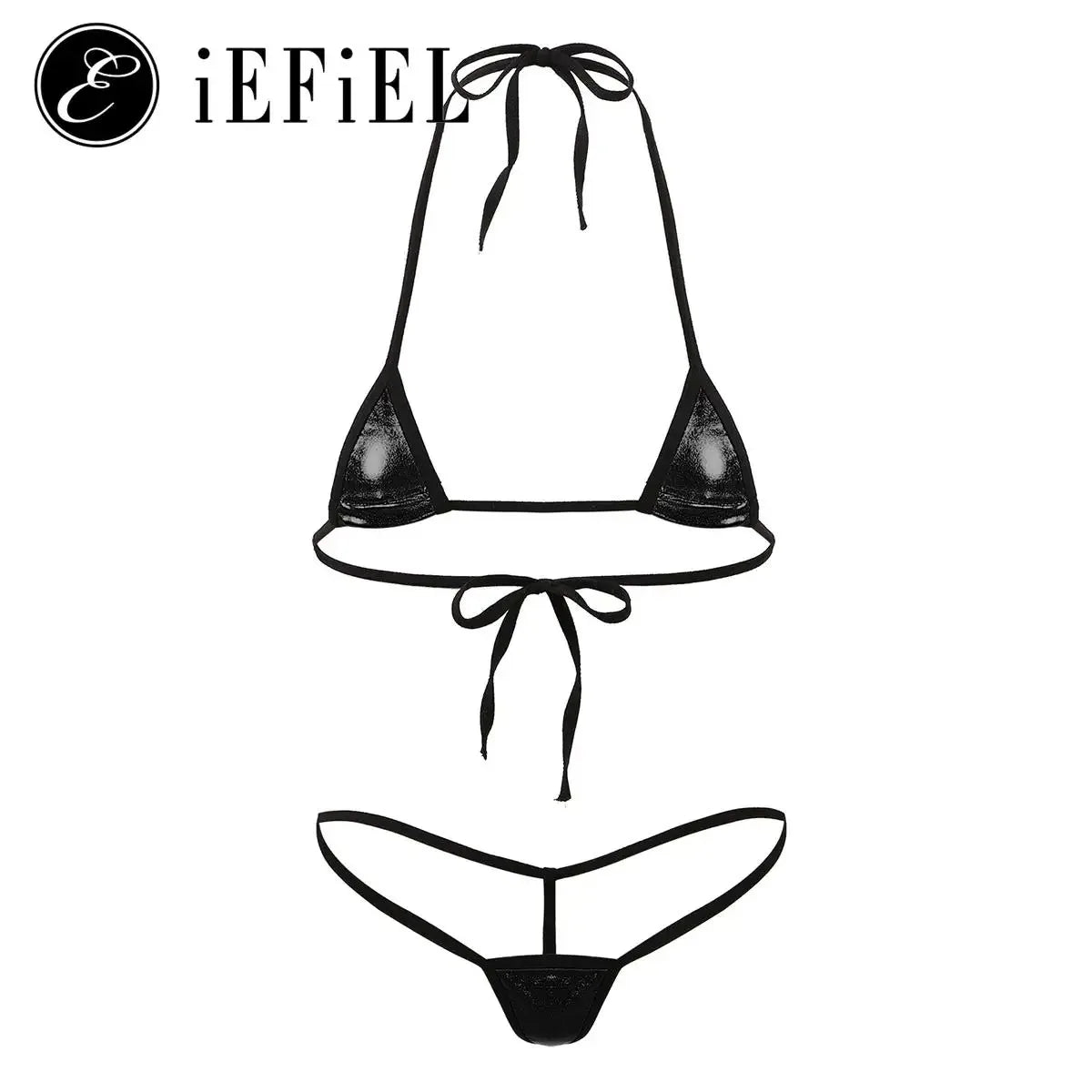 Womens Shiny Metallic Halterneck Bra Tops Micro Thong Bikini Set 2 Pieces Extreme Swimsuits Brazilian Swimwear Bathing Suits