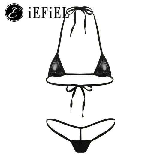 Womens Shiny Metallic Halterneck Bra Tops Micro Thong Bikini Set 2 Pieces Extreme Swimsuits Brazilian Swimwear Bathing Suits