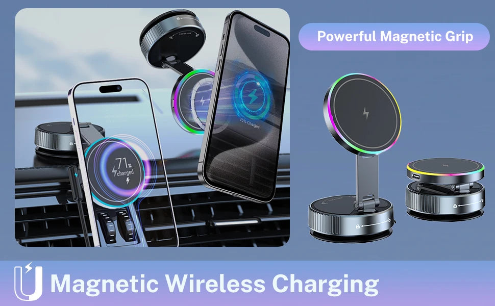 Cooling Wireless Charger Car Phone Holder with Breathing RGB Light Magnetic Suction Cellphone Bracket for iPhone 12-17 Pro Max