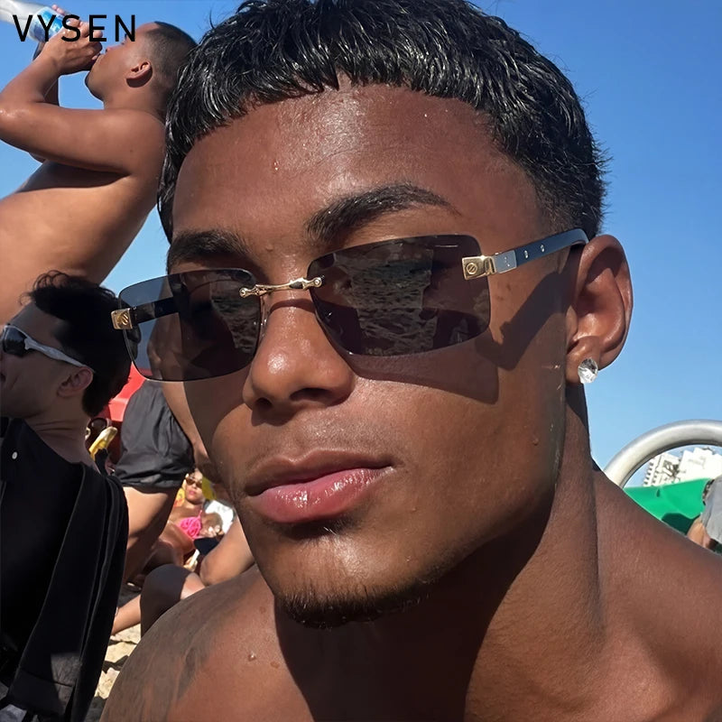 Fashion Rectangle Rimless Sunglasses Men 2026 Luxury Brand Designer Square Small Frame Sun Glasses Male Driving Eyewear Shades