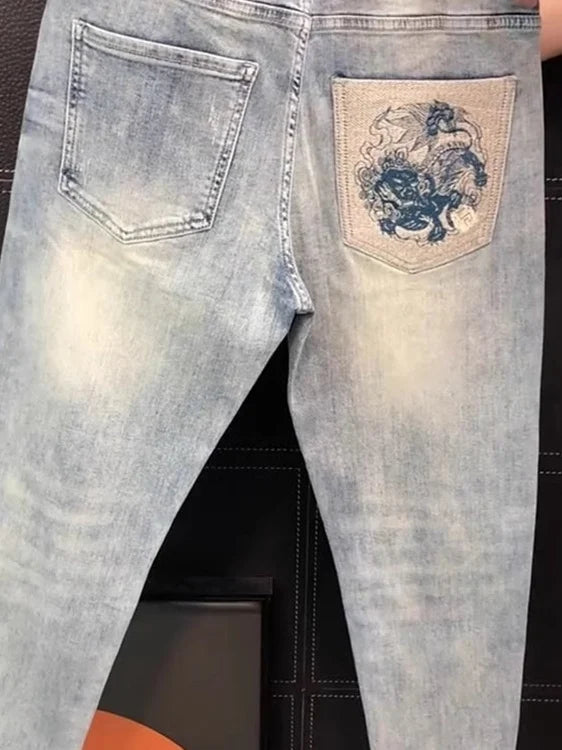 Ele Men's Slim Fit Jeans Elastic Casual Pants Lightweight Luxury Faion Embroidery Summer New Sle European Faion