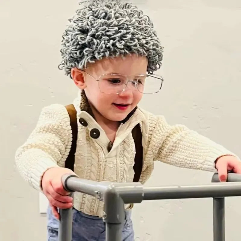 Cosplay Kids Boy Girl Hat Cute Old Lady Woman Curly Hair Wig Cap Skullies Beanies Winter Warm Knit Children Baby Hats and Caps
