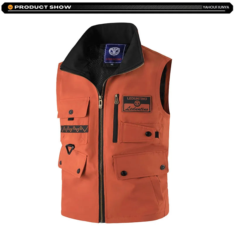 2026 New Summer Men Sleeveless Outdoor Cargo Leisure Lapel Vest Men Pocket Solid Color Fishing Camping Thin Vest Male Waistcoat