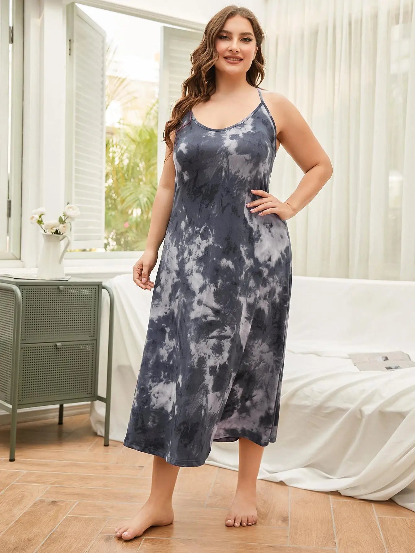 Sleeveless Screw Neck Women Nightgown Plus Size Tie Dye Sleepdress Summer Nightwear Cross Back Like Leisure Homewear Clothes