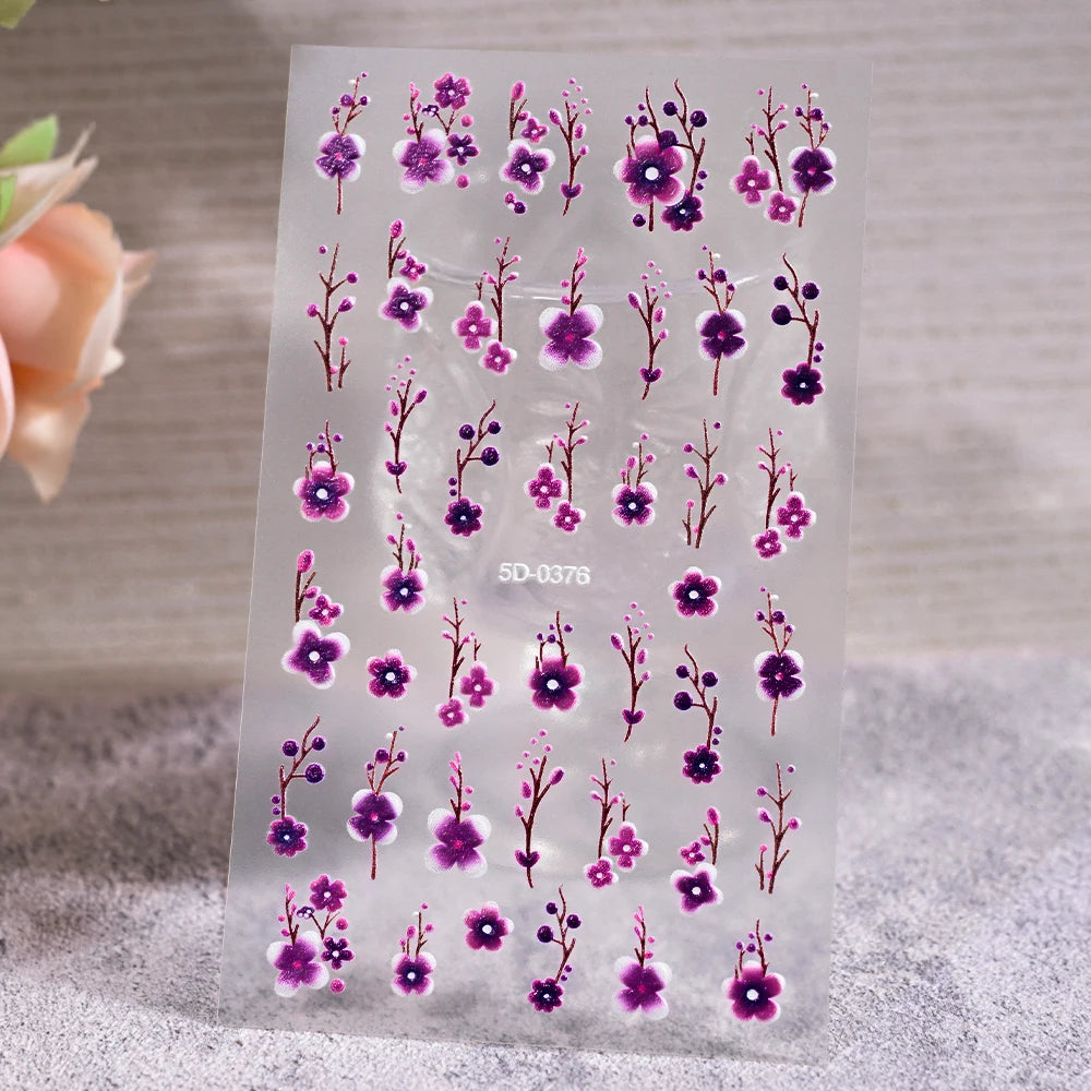 1Pc 3D Lavendar Flowers Stickers for Nails Spring Sakura Floral Leaves Self-Adhesive Sliders Decals Art Manicure for Decoration