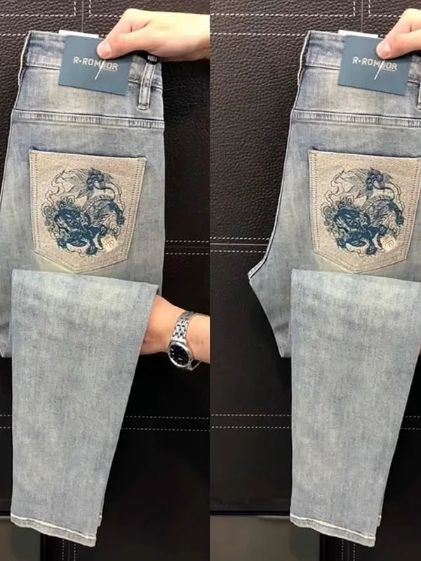 Ele Men's Slim Fit Jeans Elastic Casual Pants Lightweight Luxury Faion Embroidery Summer New Sle European Faion