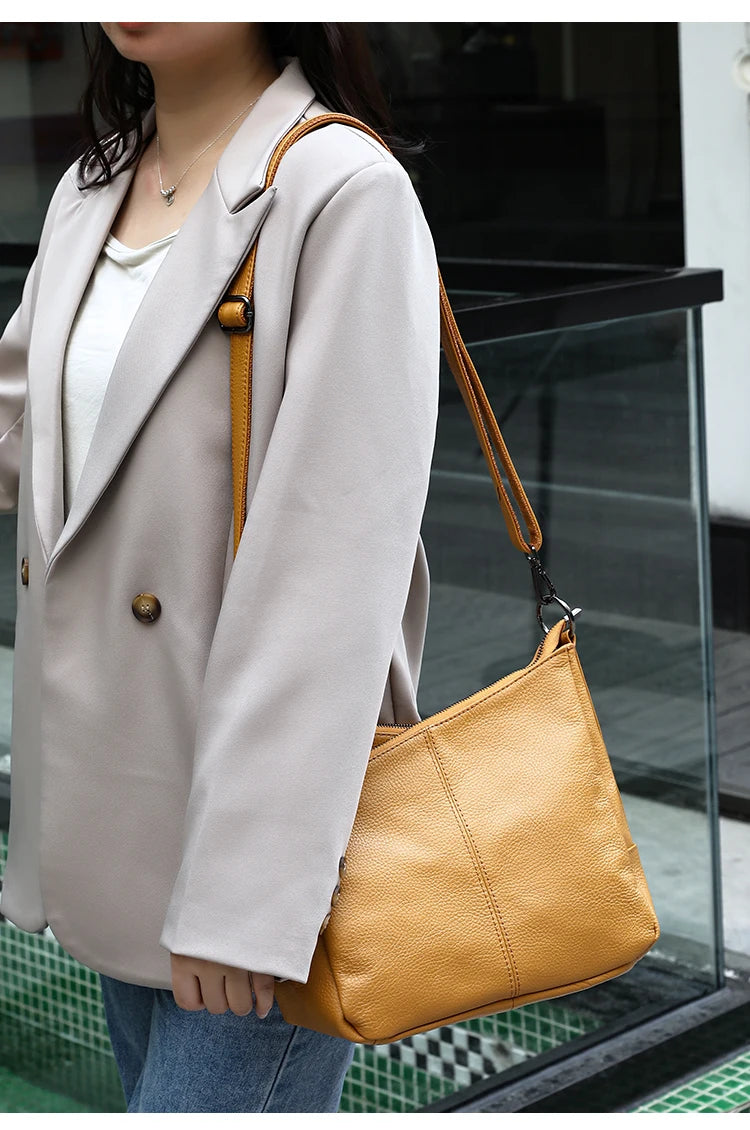 Women Full Grain Cow Leather Hobo Bag With Two Straps Multi Color Large Capacity Shoulder Crossbody Handbag