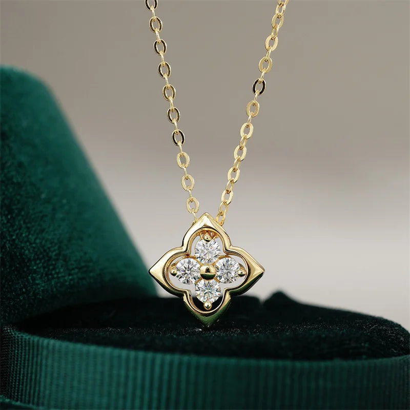 ZFSILVER Trendy Fashion 925 Silver Color D White Moissanite Gold Lucky Clover Necklace Men Charms Women Party Jewelry Gift KJ189