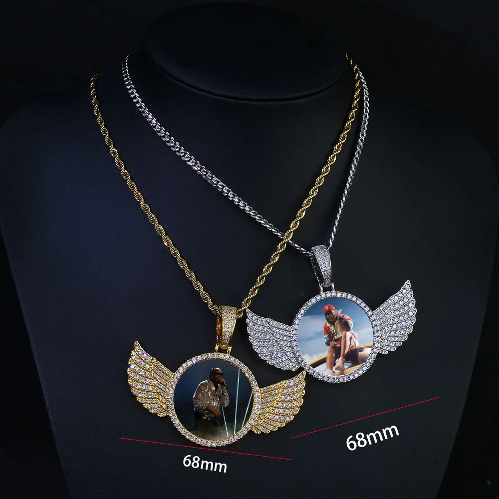HHIOK Custom 18K Gold Plated Cubic Zircon Photo Pendant Medallions Wing Circle Pendant Necklace Personalized Wholesale