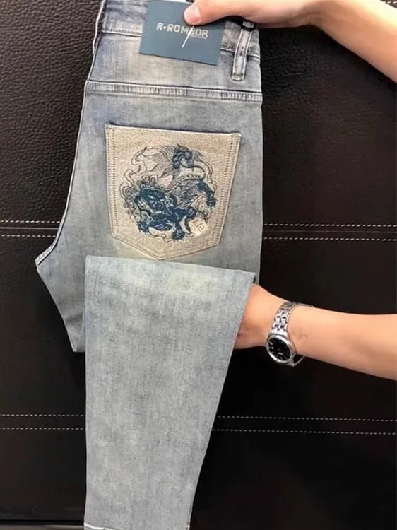 Ele Men's Slim Fit Jeans Elastic Casual Pants Lightweight Luxury Faion Embroidery Summer New Sle European Faion