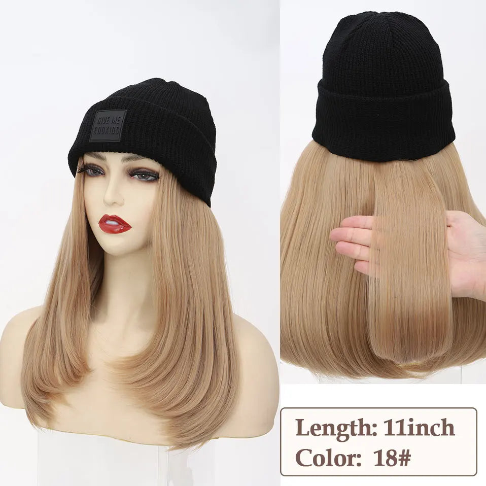 Hat Wig Knitted Beanie Wig Hat Hair Extension Straight Wig Hat Attached 11 Inch Synthetic Hairpiece for Women Girls Winter