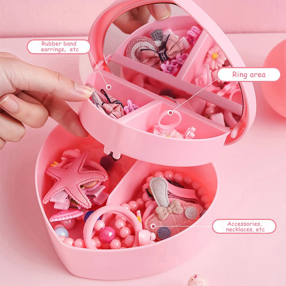Hair Accessories Box Jewelry Storage With Mirror Pink Hair Clips Rubber Band Organiser For Girls Children Portable Travel Case