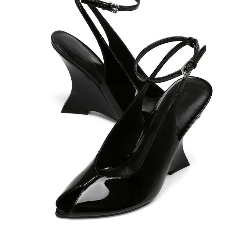 Ladies' Summer Slope Heel Fish Mouth Sandals Thick High Heels Black Comfortable Large Toothed Sandals