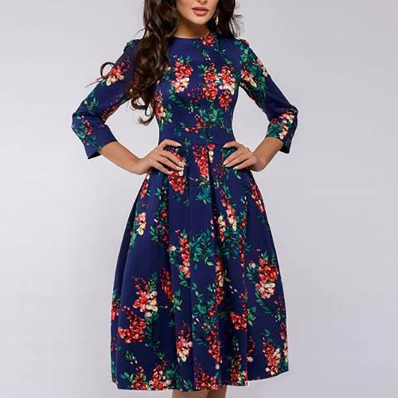 2023 Spring AutumnOffice Lady Knee Length Elegant Vintage Long Sleeve Party Dresses Women Floral Printed Dress New