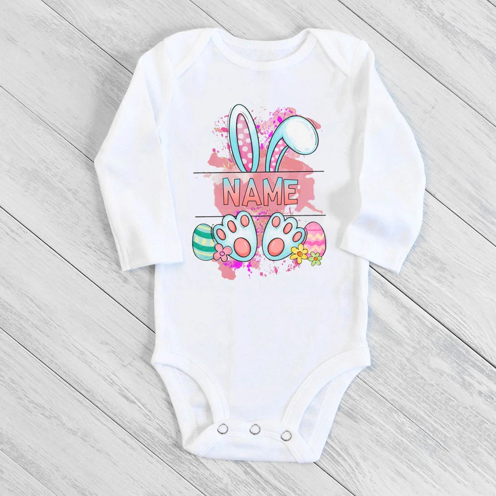 Personalized Easter Baby Romper Bunny with Name Infant Outfit Bodysuit Boys Girls Holiday Party Jumpsuit Bunny Newborn Rompers