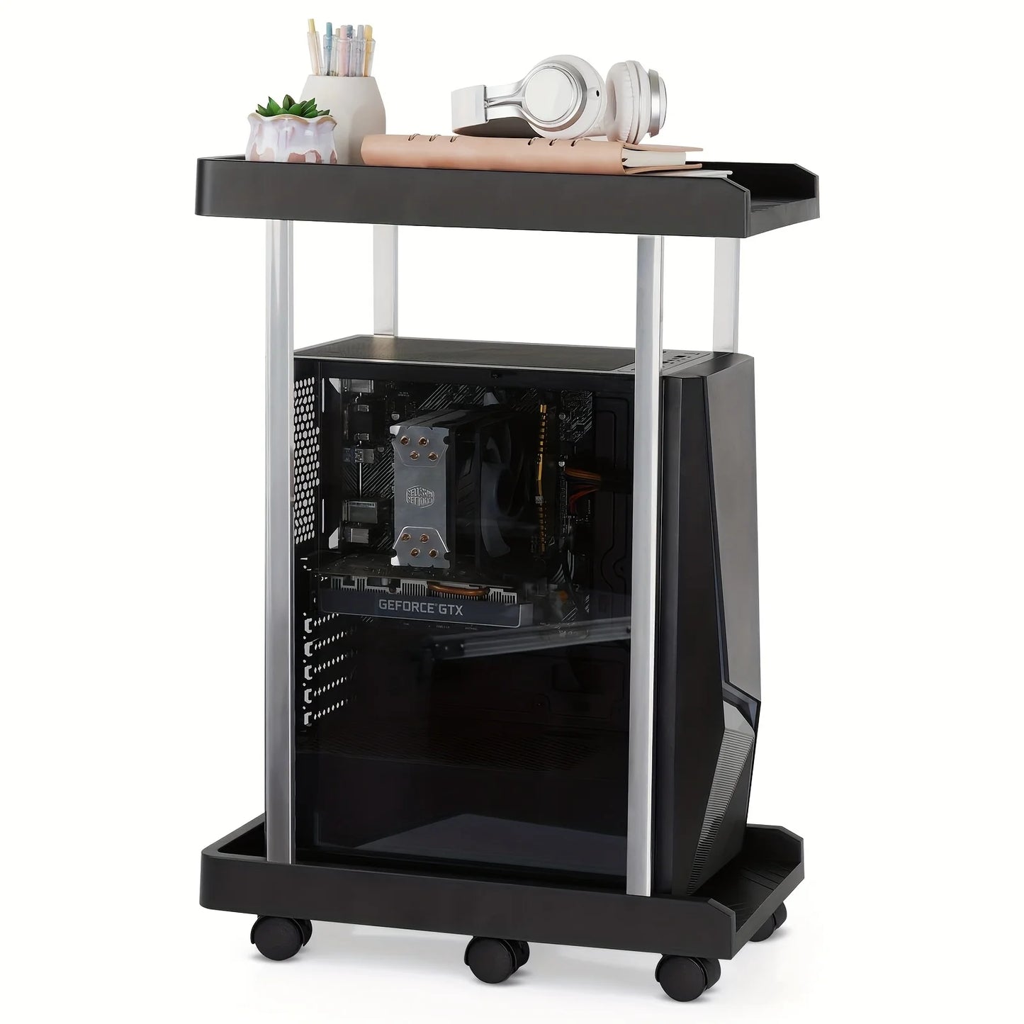 Computer Tower Stand, PC Stand with 2 Layers of CPU Stand and 6 Locking Feet Wheels Suitable for Most PCs