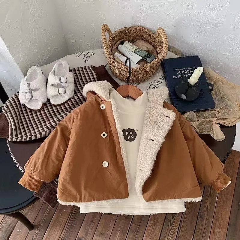 2025 Winter New Baby Warm Lamb Cashmere Hooded Coat Solid Versatile Boys Girls Padded Jacket Plus Velvet Thick Infant Clothes