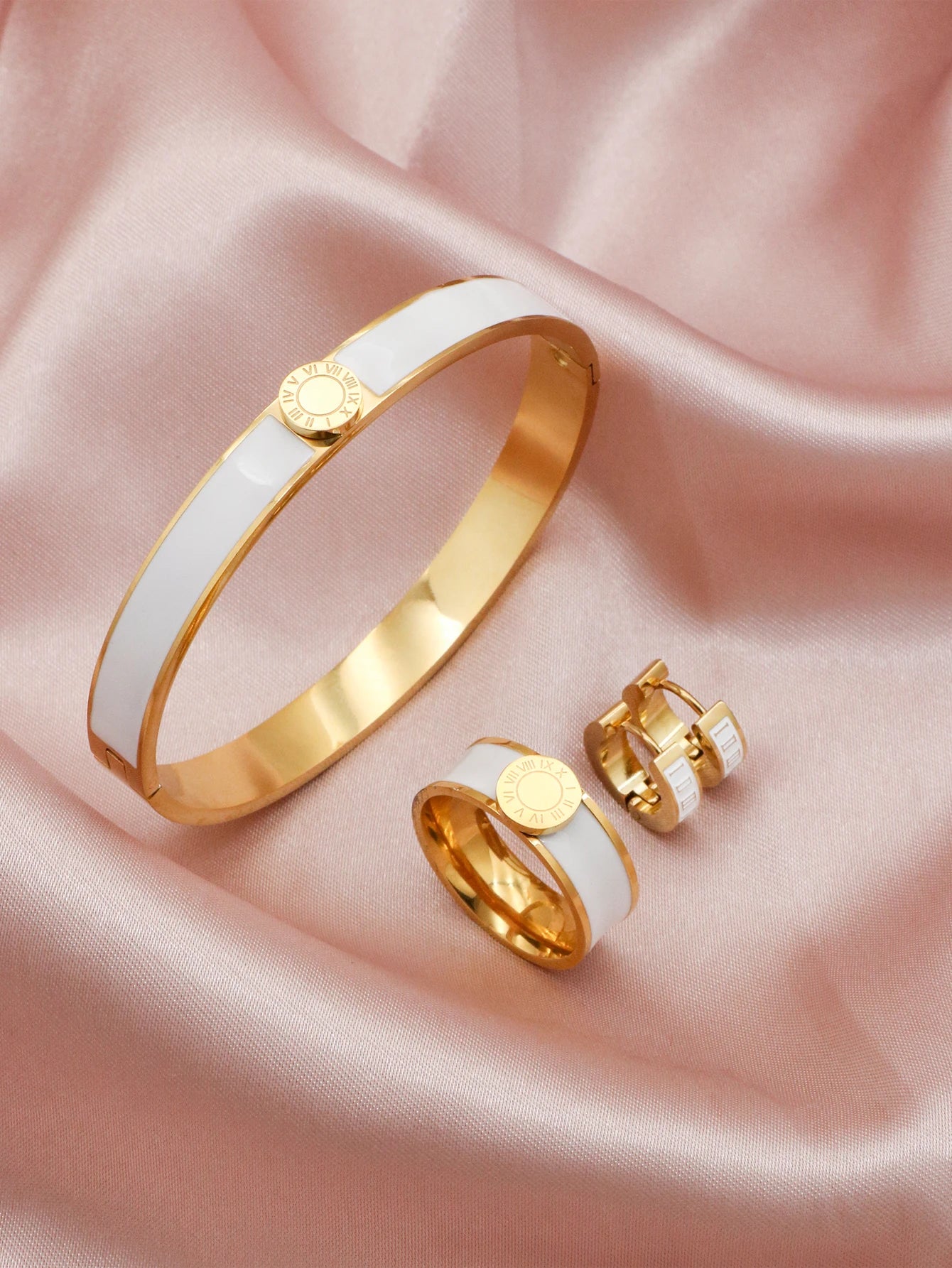 1set/4pcs New Trendy Round Roman Numerals Bracelet Stainless Steel Enamel Bangles Ring Earrings Jewelry Set Women Orange Color