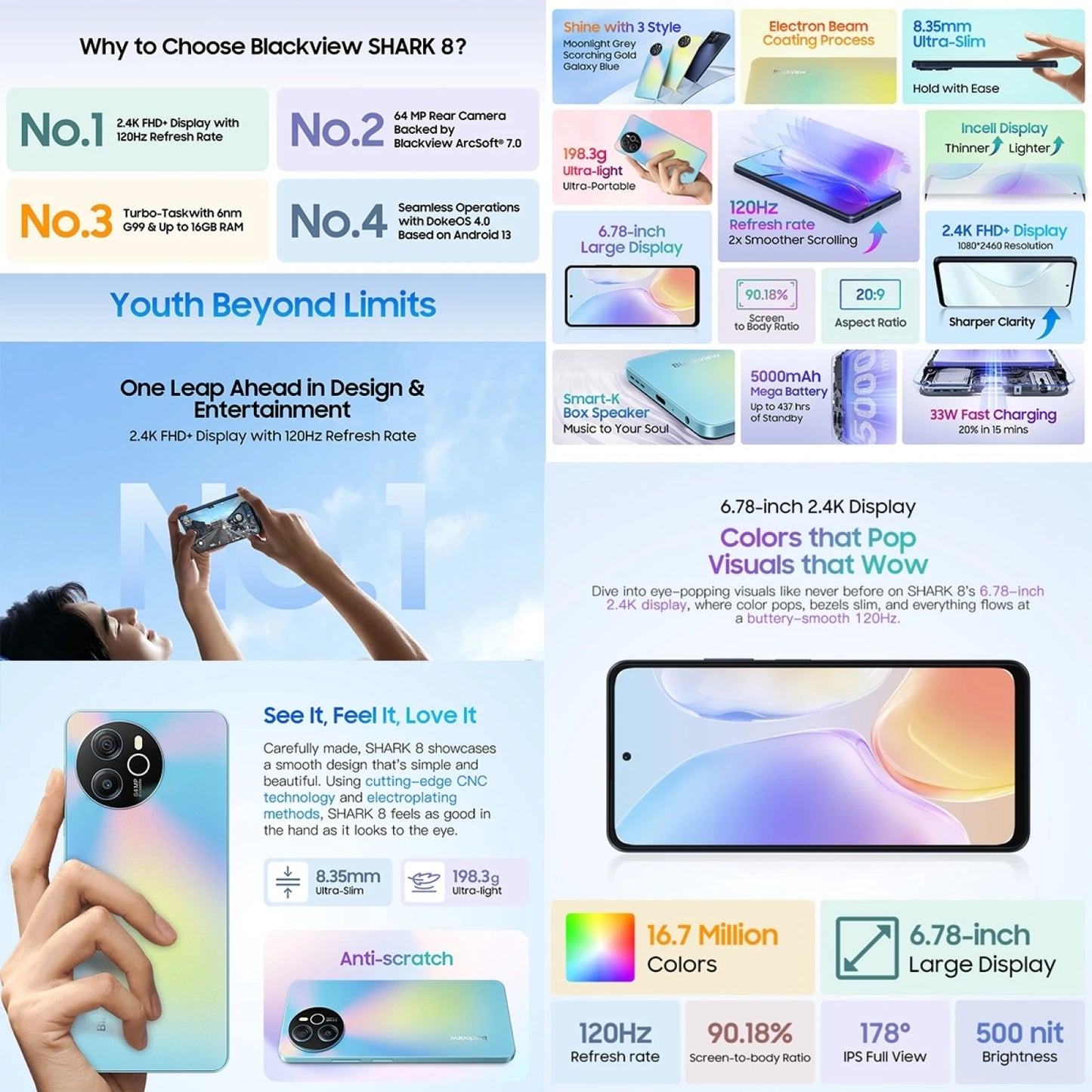 Blackview SHARK 8 Unlocked Smartphone Android13 Helio G99 Mobile 8GB+256GB 6.78'' 2.4K Display 120Hz 64MP 5000mAh 33W NFC