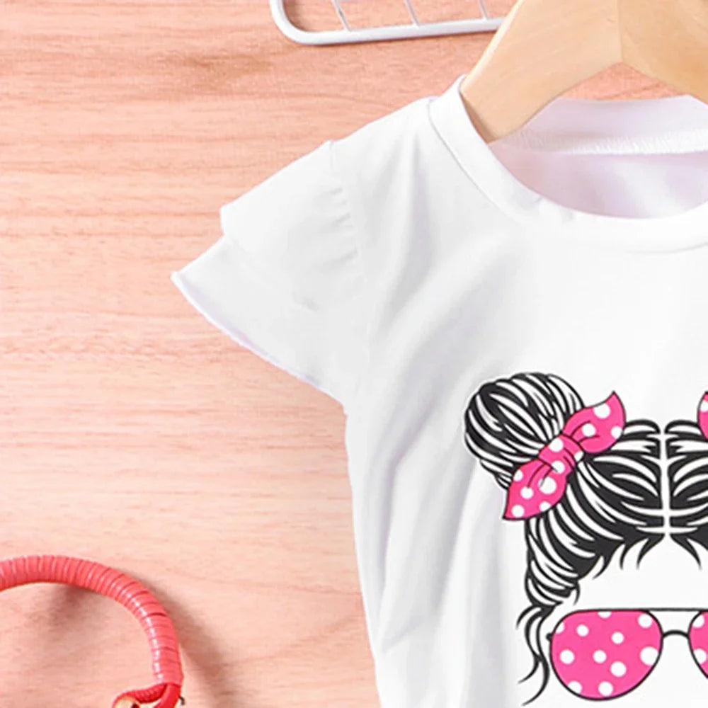 Cartoon Avatar with Short Sleeves and Wide Leg Pants 2pcs Set 2-7 Years Old Baby Girl's Casual Clothing Set Summer