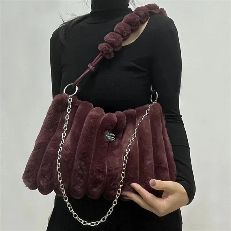 Women's Large Plush Tote Bag with Crossbody/Handheld Carry Soft Striped Plush Exterior Cozy Handbag for, Travel, Everyday Use