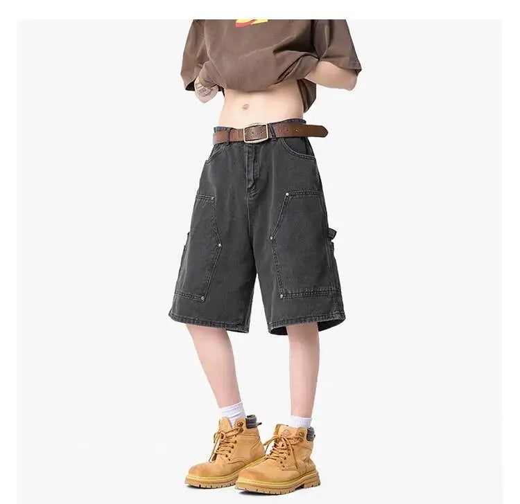 IEFB Workwear Men's Denim Shorts Multi Pocket Wide Leg Baggy Fit Casual Summer Streetwear Casual Cargo Jeans 9X2957