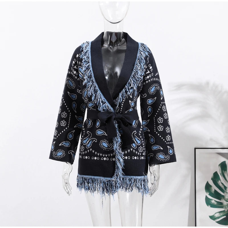 Women's Print Fringe Knitted Vest Coat Fashion Sleeveless Tie Waist Pocket Cardigan Sweater Lady 2025 Autumn Casual Outerwear