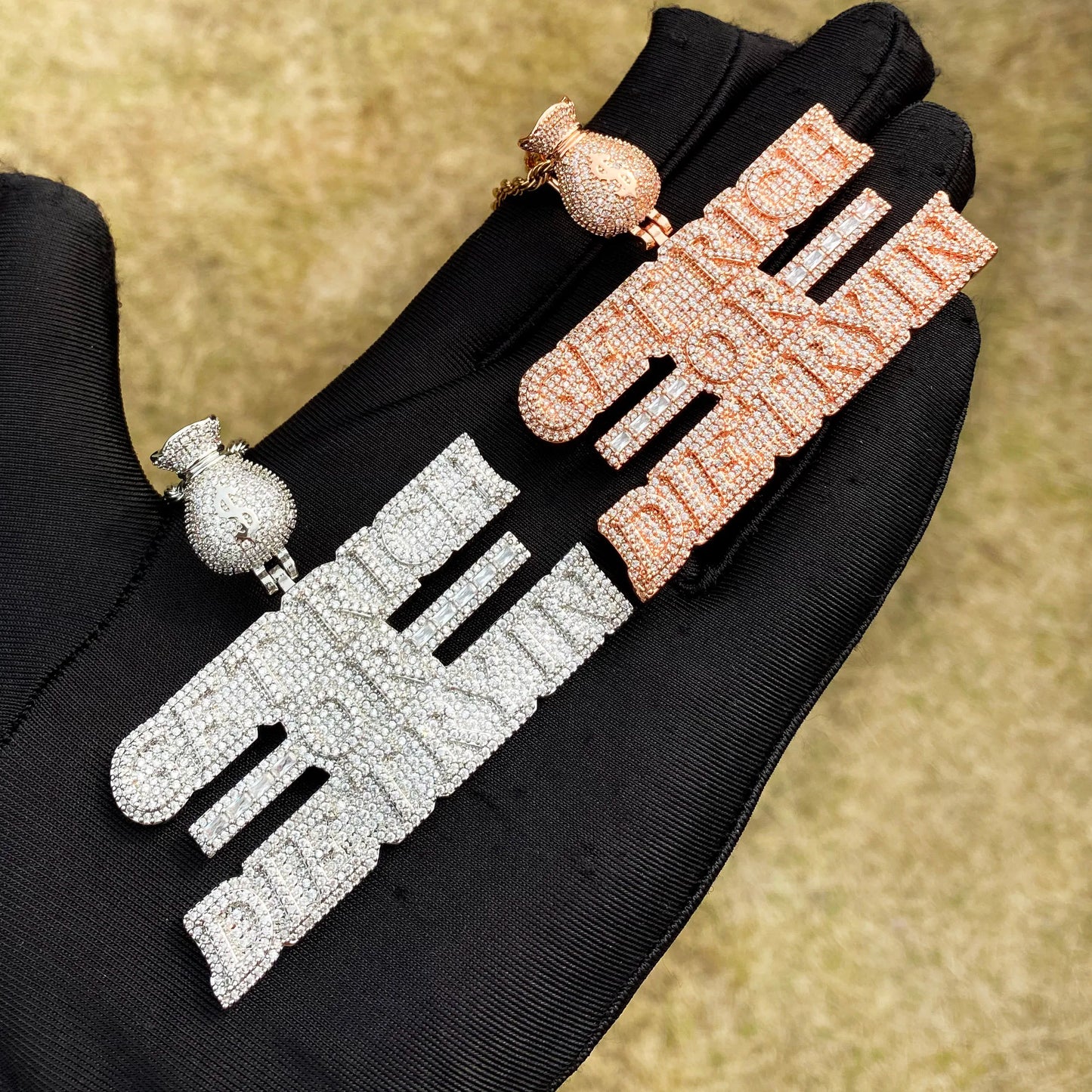 Aokaishen Iced Out Necklace Pendant for Men Real Copper Get Rich Hip Hop Jewelry