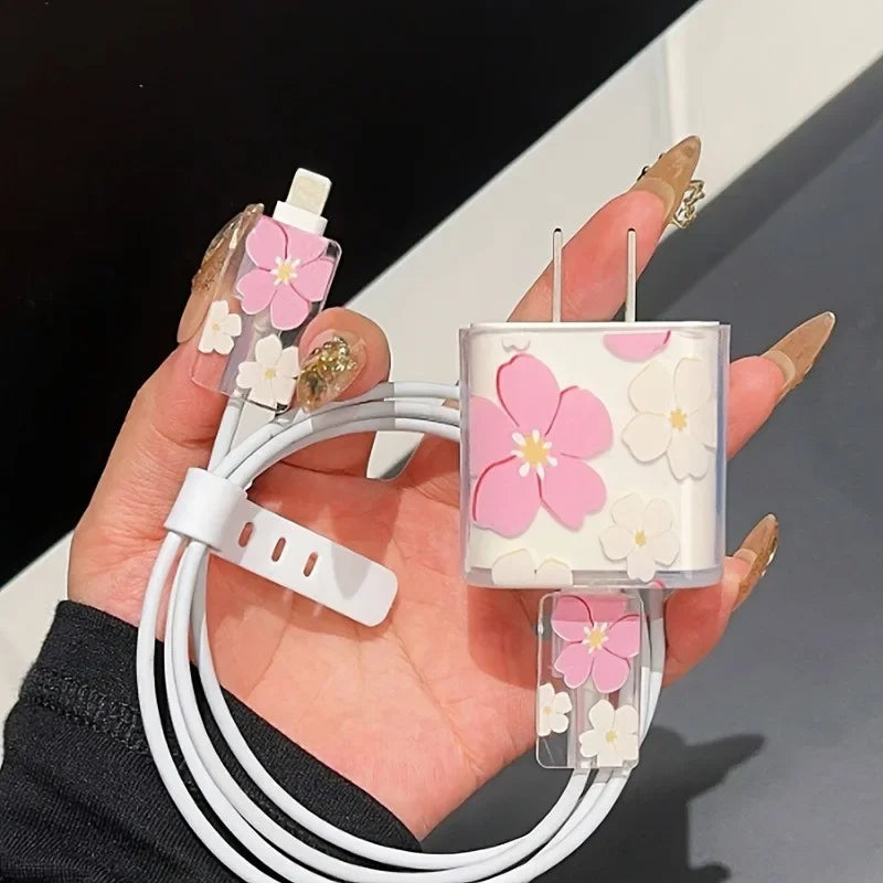 Fashion Flowers Print Charging Data Cable Protector Case For iPhone 18W 20W Charger Protective Cover Winder Accessories Sleeve