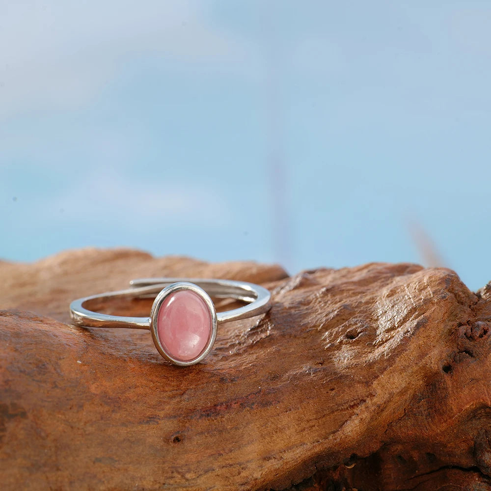 Sterling 925 Silver Ring Adjustable Stackable Bands Rose Quartz & Rhodochrosite Chakra Healing Stones Jewelry Handmade Boho Gift