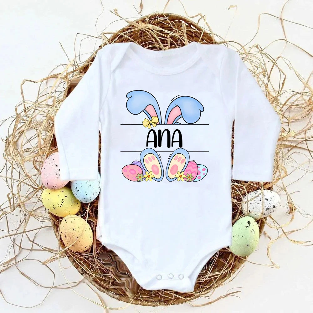 Personalized Easter Romper Easter Bunny Romper Custom Name Baby Girls Cute Outfit Newborn First Easter Party Clothes