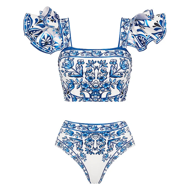 Flaxmaker Summer New Women Sexy Hawaiian Lace Up V Neck Ruffle Swimsuit and Sarong Women Swimwear Set Push Up Bathing Suit