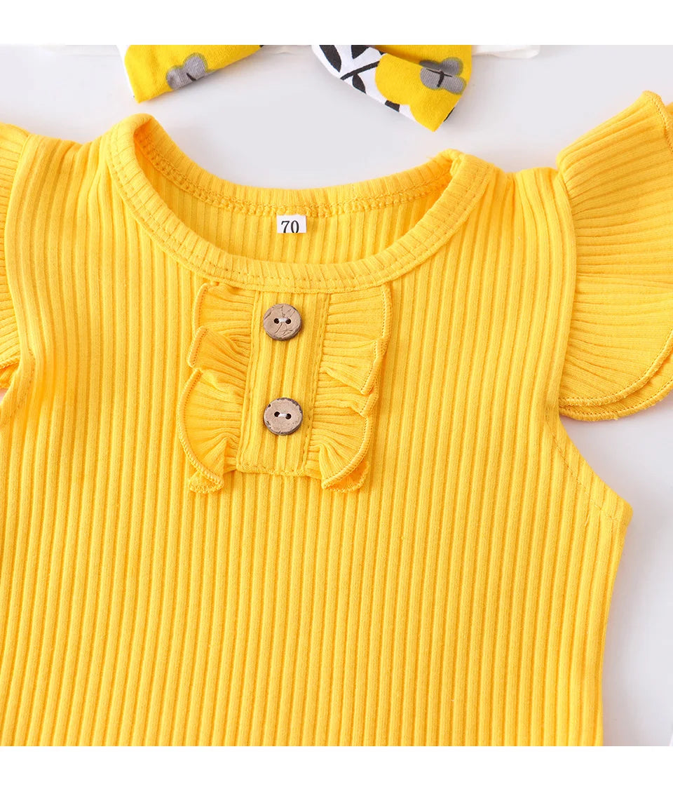 Summer Baby Girl Clothes Set Fashion Newborn Infant Knitting Cotton Ruffles Romper Shorts Bow Headband 3Pcs For Toddler Outfits
