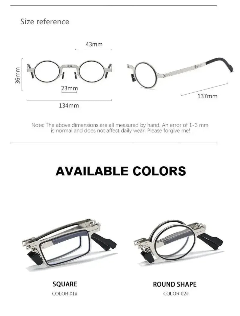Unisex Folding Reading Glasses Transparent Lenses Full Metal Frame Anti Blue Light Comes with Case for Men and Women