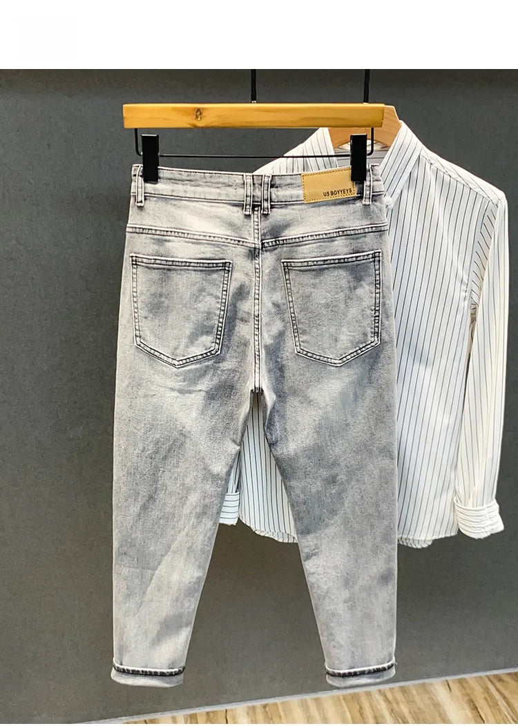 Summer ey e Nine-Ten Men's Jeans Sli Versatile Slim Fit Casual Cotton Stretch Fabric mid Waist Zipper Closure