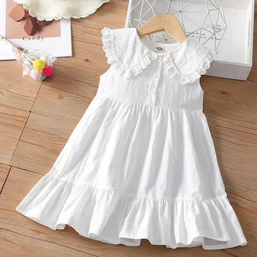 2025 New Summer Baby Girl Birthday Wedding Party Dress Short Sleeved Cotton Solid Color Dress 2-10Yrs Kids Princess Dresses