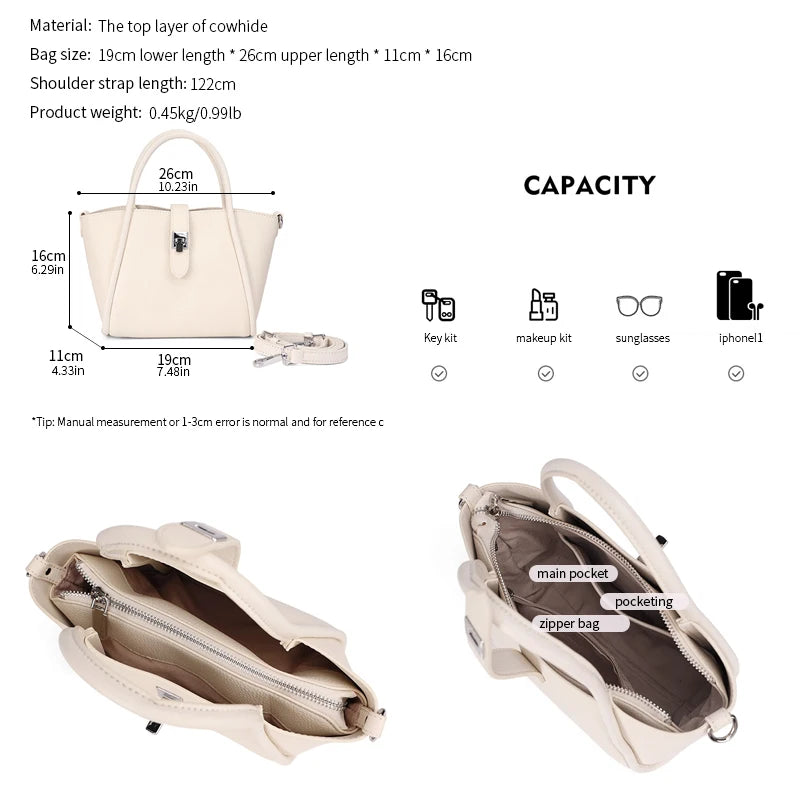 Genuine Leather Mini Tote Bag for Women Fashion Cowhide Shoulder Bag Patchwork Commute Handbag Luxury Designer Crossbody Bag