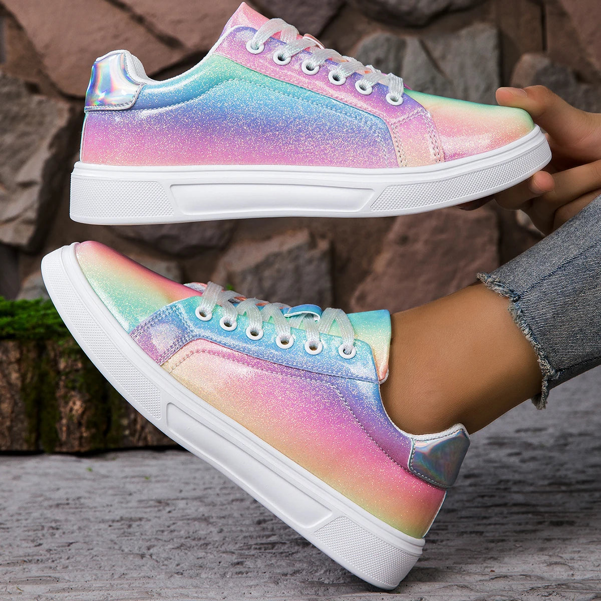 Women Shoes Spring Skate Shoes New Fashion Women Creative Rainbow Colors Sports Shoes Comfortable Tennis Sneakers