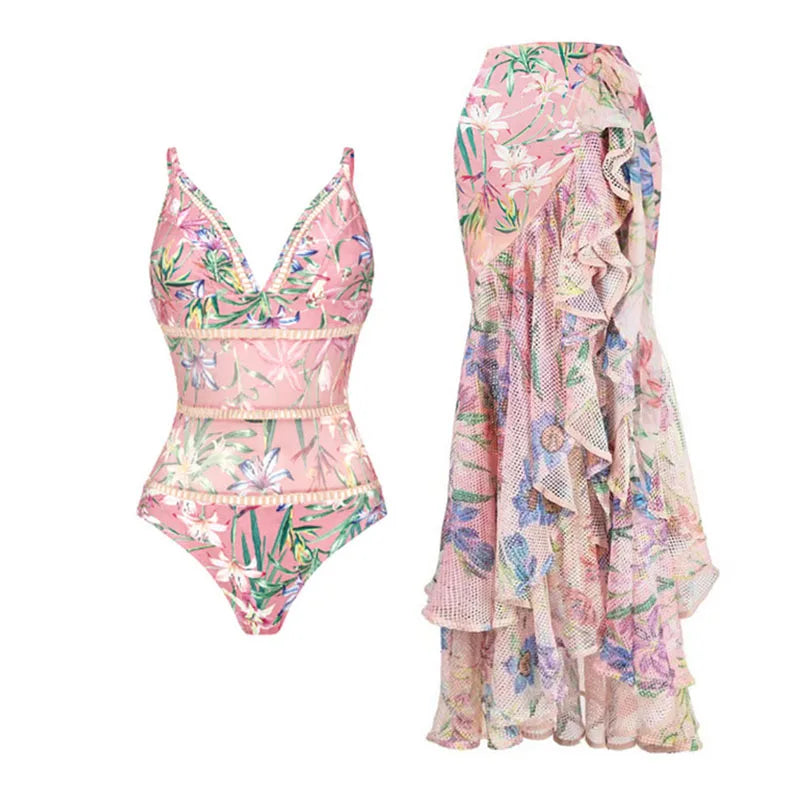 Women Swimwear Summer Floral Printed V-neck Swimsuit One-piece Bodysuit Bikini Set Beach Style Wear Maxi Dress Skirt Vacation