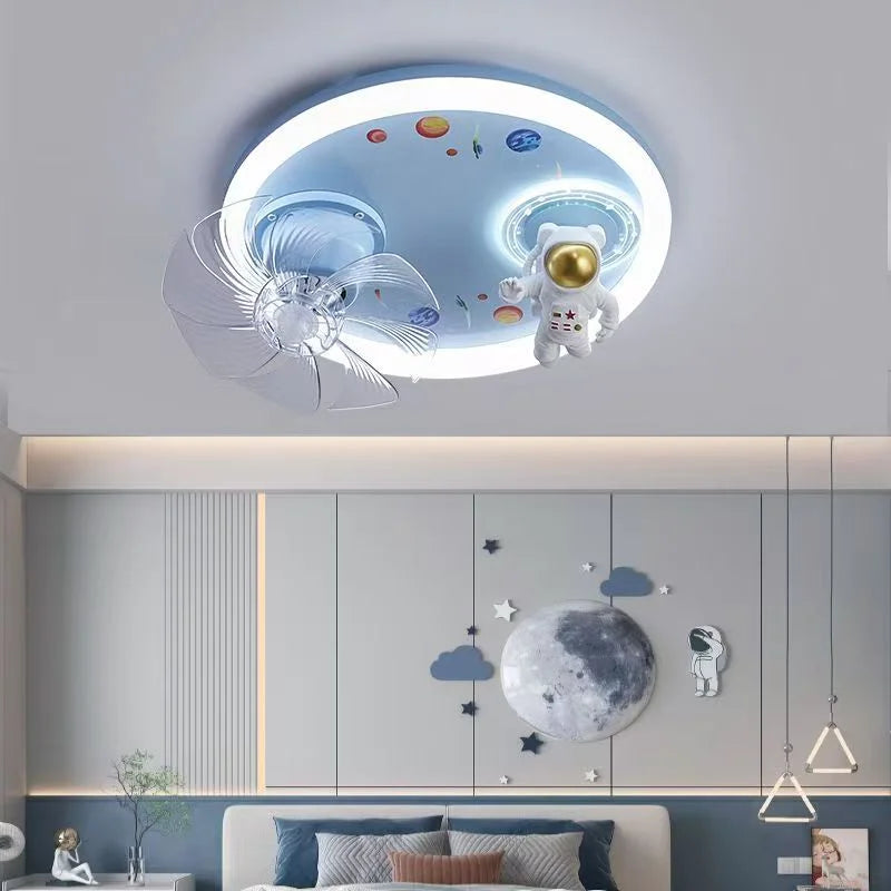 Modern Kids Room Ceiling Fan Light Cartoon Moon Astronaut Ceiling Lamp Boy Girl Bedroom Nursery Study Chandelier Ceiling Lights