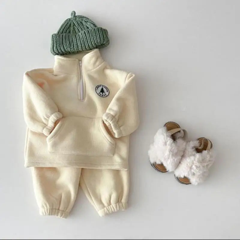 2025 Autumn Baby Boys Clothing Sets Children Thicken Plush Clothes Girls Solid Cotton High Collar Tops+ Pant 2 Pieces Suits