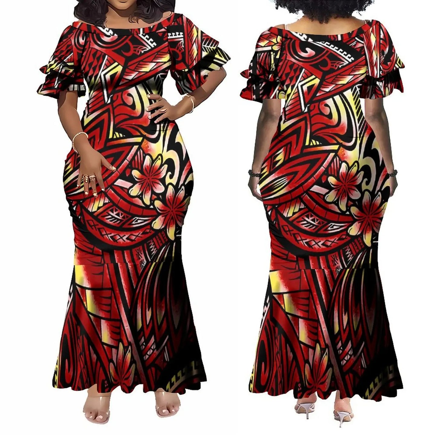 Custom Polynesian Tribal Couple Set Samoan Women'S Temperament Slim Dress Women'S Mermaid Maxi Skirt Men'S Shirt